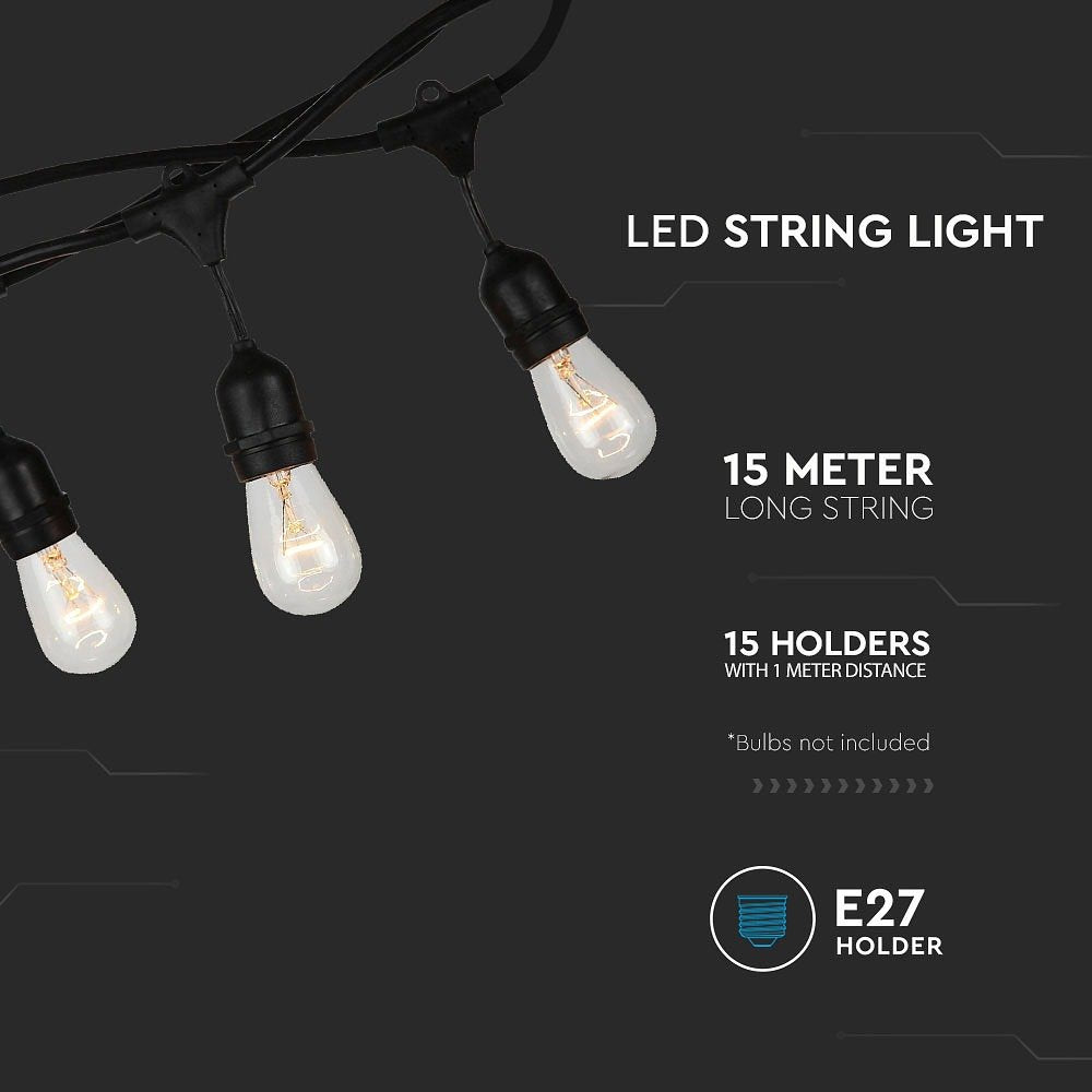 V-TAC VT-713 E27 LED Bulbs String Lights - WP - Socket - Black - IP54