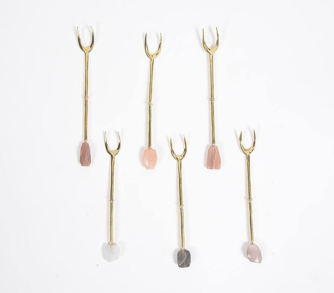 Hand Cut Moonstone & Brass Appetizer Forks (Set of 6)