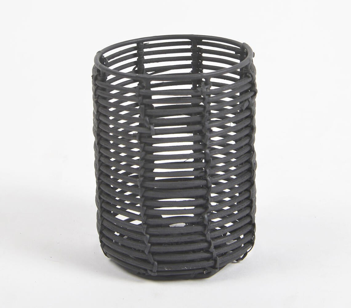 Handwoven Cane & Iron Black Cylindrical Pen Stand