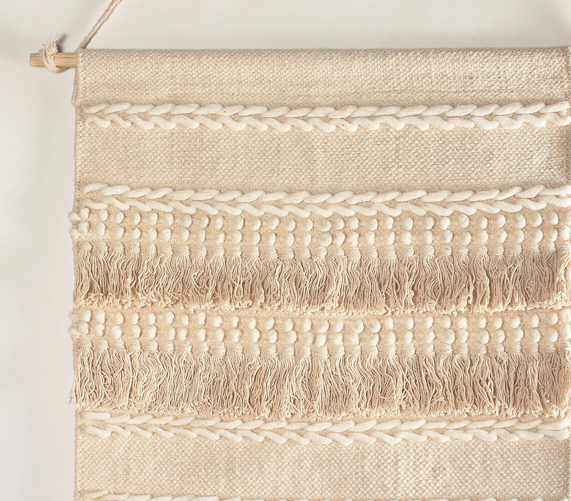 Handwoven Cotton & Wool Neutral Fringed Wall Hanging