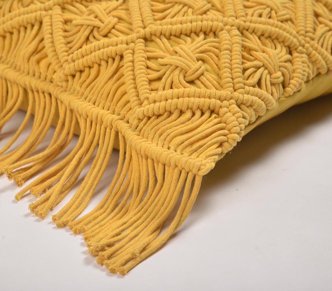Macrame Cotton Mustard Cushion Cover with Fringes