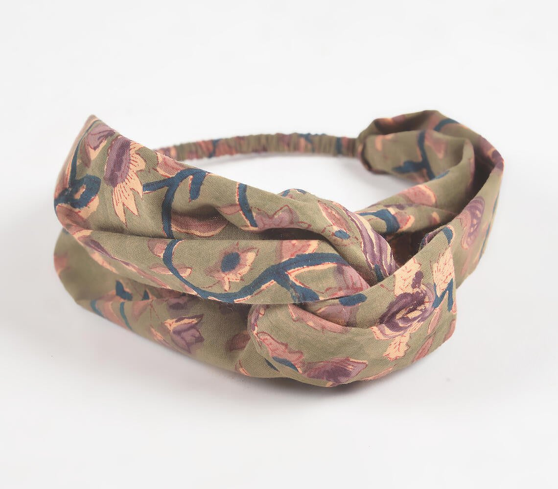 Olive Floral Block printed Knot Hairband