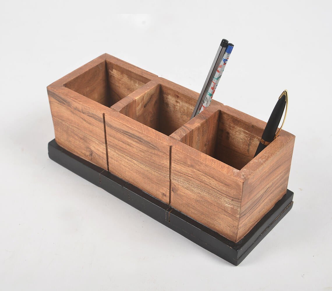 Raw Wooden 3-Slot Pen Stand