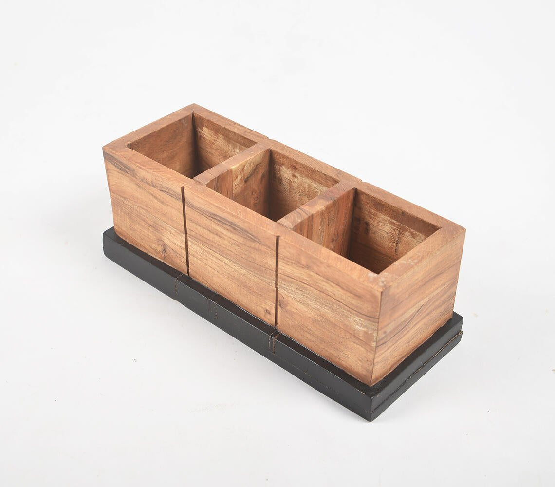 Raw Wooden 3-Slot Pen Stand