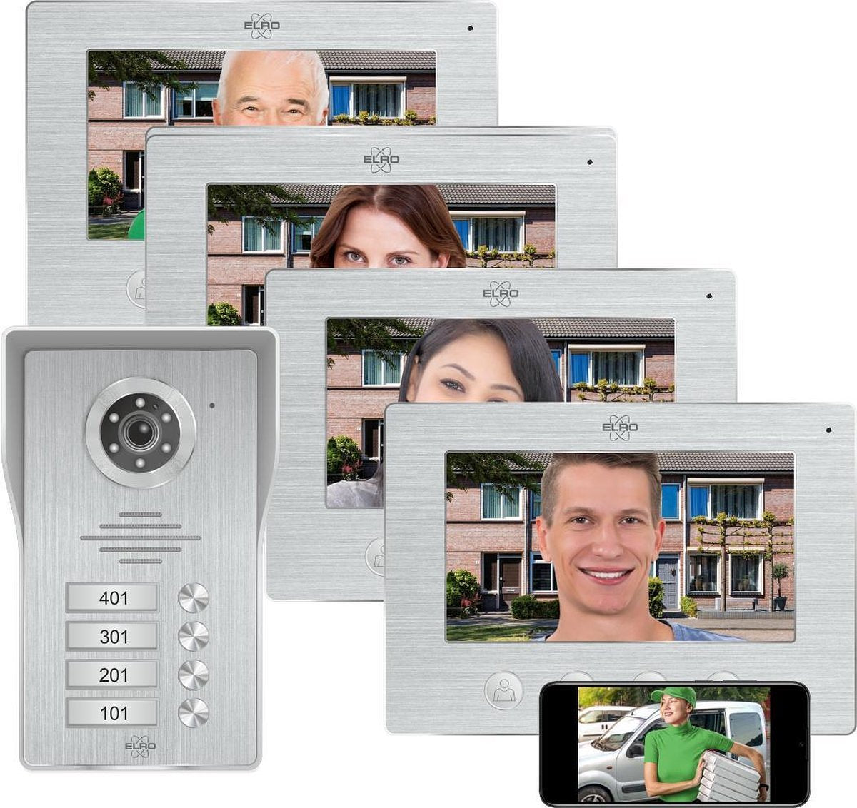 ELRO DV477IP4 Wifi IP Video Deur Intercom - 4 Appartementen - met 4x 7 inch kleurenscherm - Color Ni