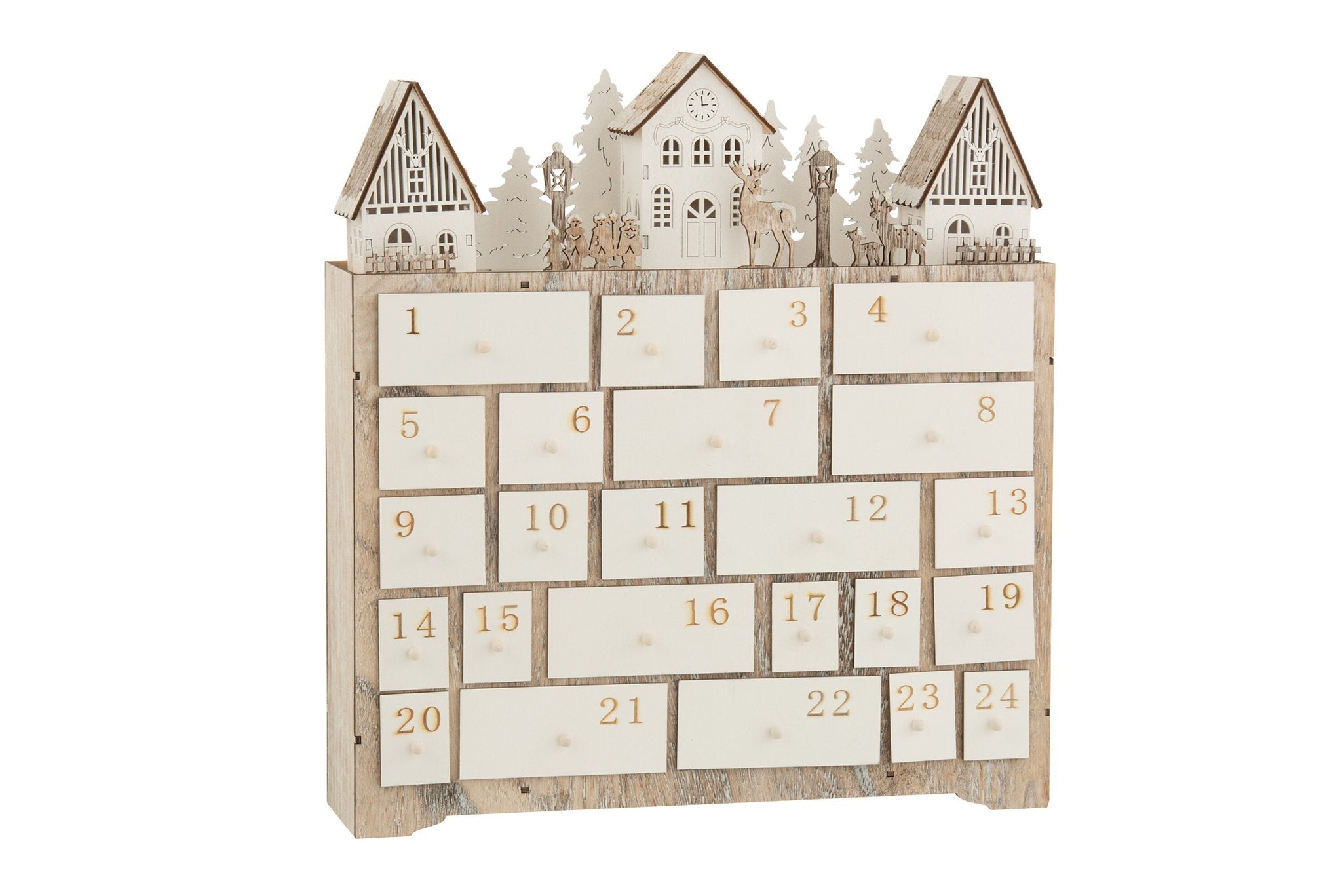 J-Line Adventskalender kerst - hout - beige - 40 cm - LED lichtjes - kerstversiering voor binnen