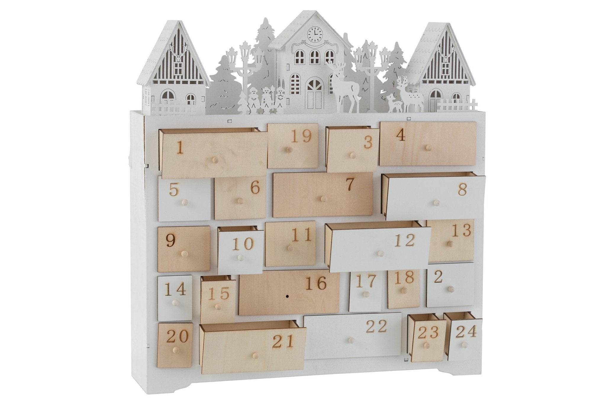 J-Line Adventskalender - hout - naturel & wit - 40 cm - LED lichtjes - kerstversiering voor binnen