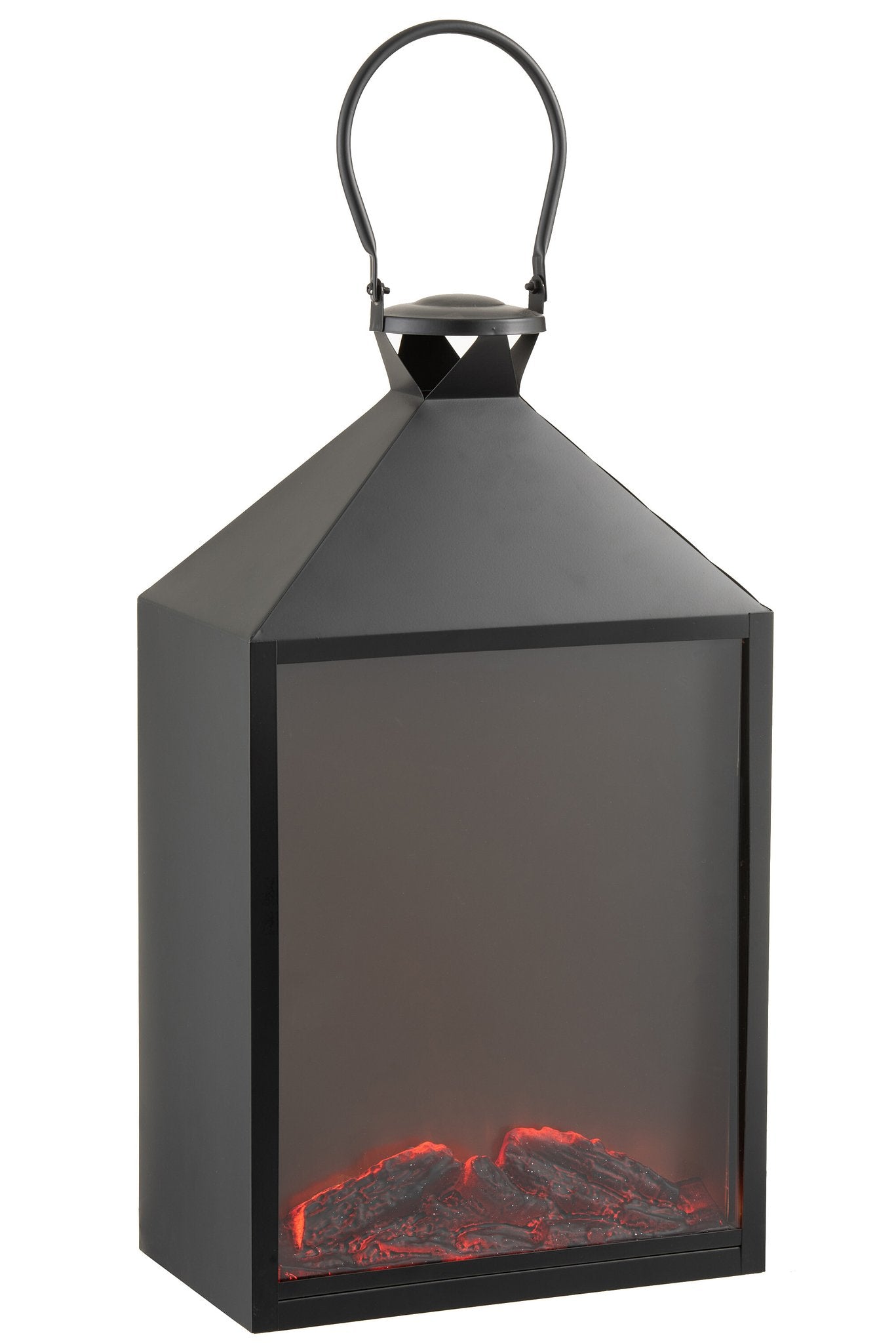 J-Line Haard lantaarn met verlichting - zwart - LED lichtjes - woonaccessoires