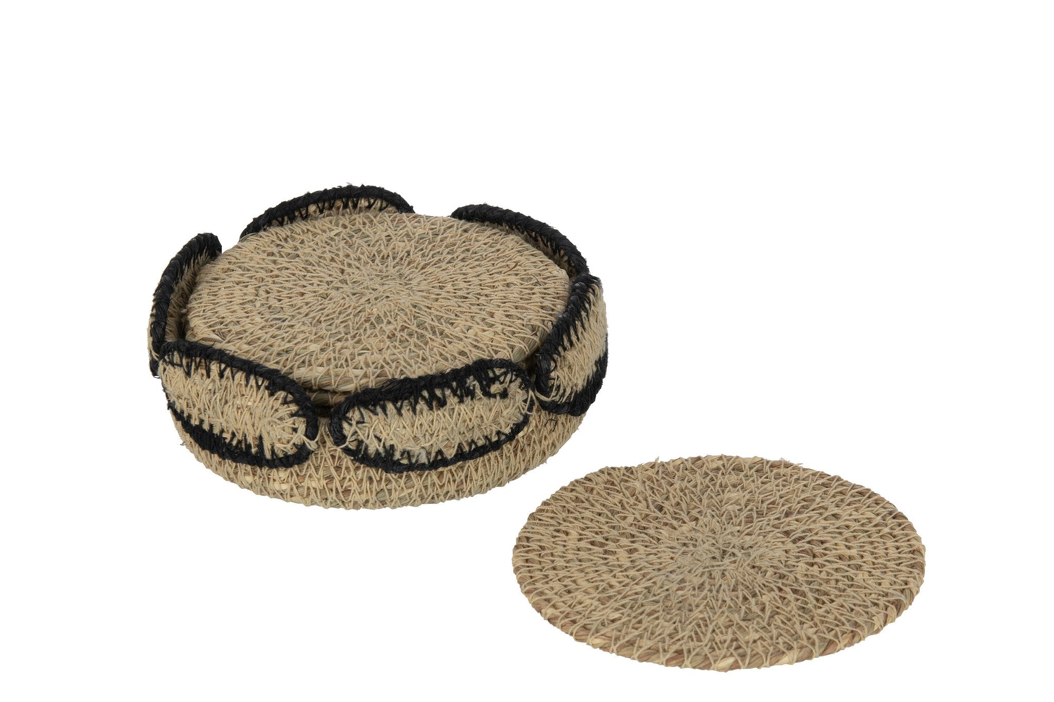 J-Line Marie Zeegras onderzetter - jute - naturel & zwart - 6 stuks - woonaccessoires