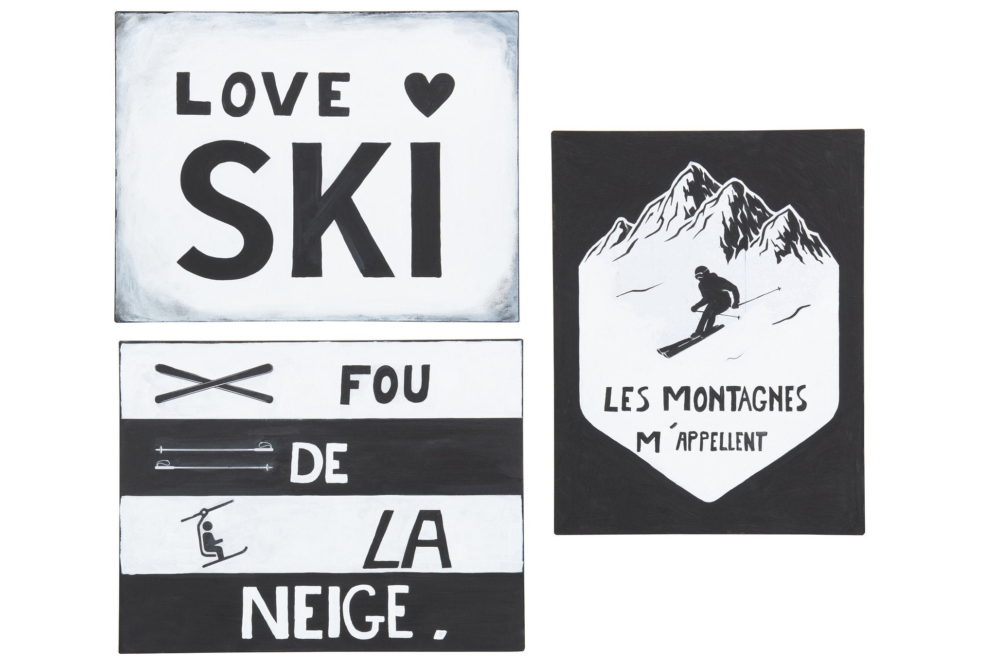 J-Line Plakkaat Textiel+Afbeelding Ski Metaal Wit/Zwart Assortiment Van 3
