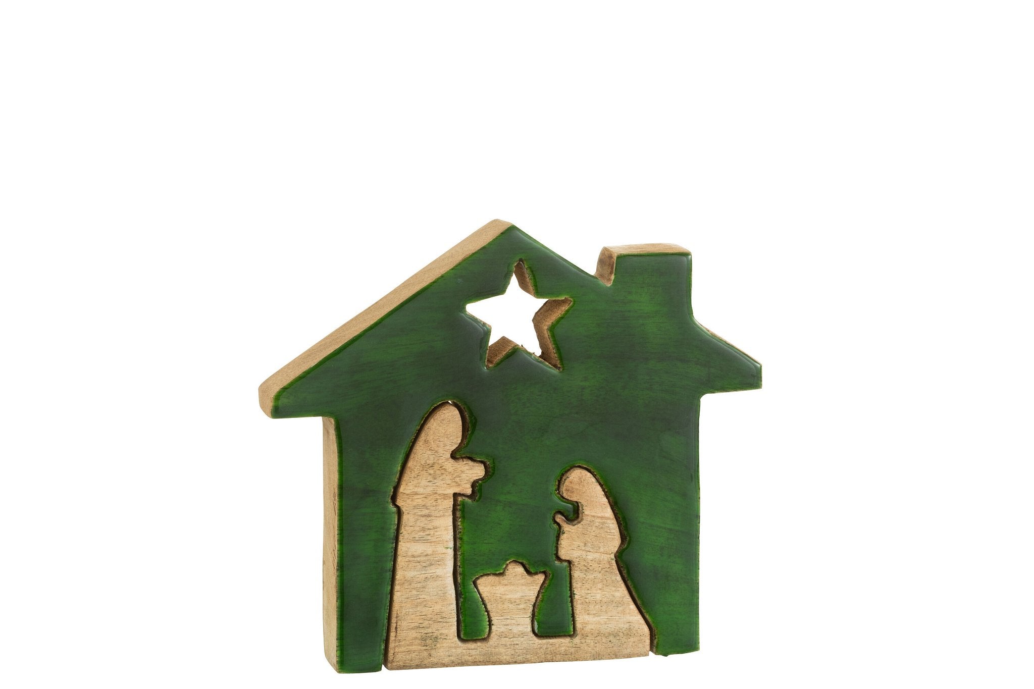 J-Line Kerstcadeau - Kribbe in huisvorm - hout, groen, naturel - formaat large - Kerstmis decoratie