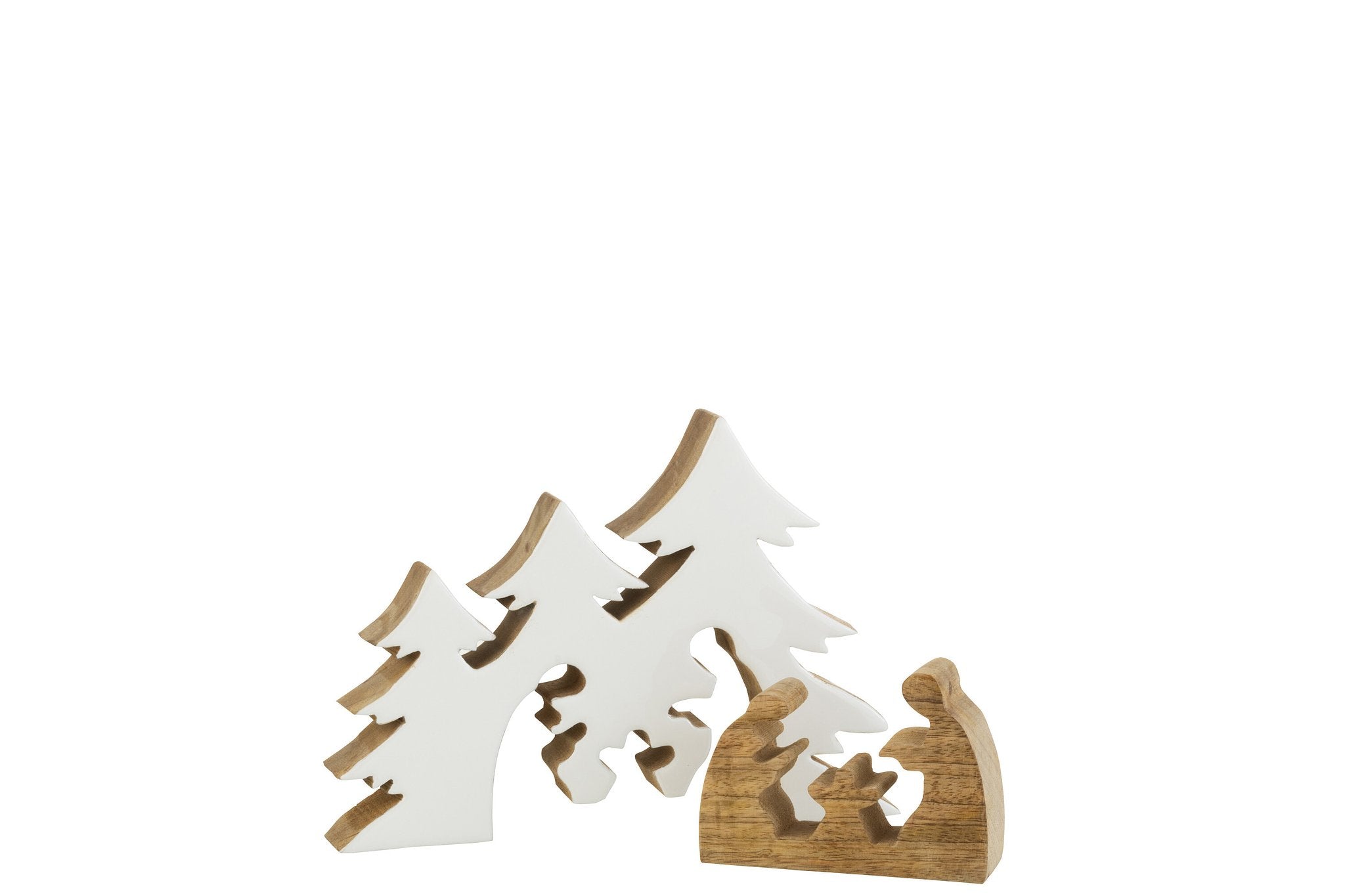 J-Line Kerstcadeau - Kribbe in denneboom - hout, wit, naturel - Kerstmis decoratie