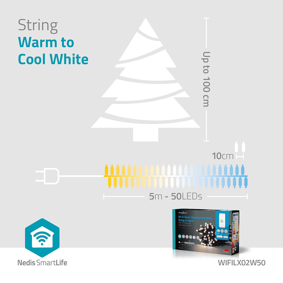 Nedis SmartLife Decoratieve LED | Wi-Fi | Warm tot koel wit | 50 LED's | 5.00 m | Android / IOS