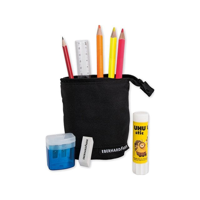Zwarte etui met potloden, slijper, gum en lijm 577555