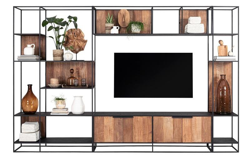 DTP Home TV wall element bookrack Cosmo large, open racks,220x120x40 cm, recycled teakwood