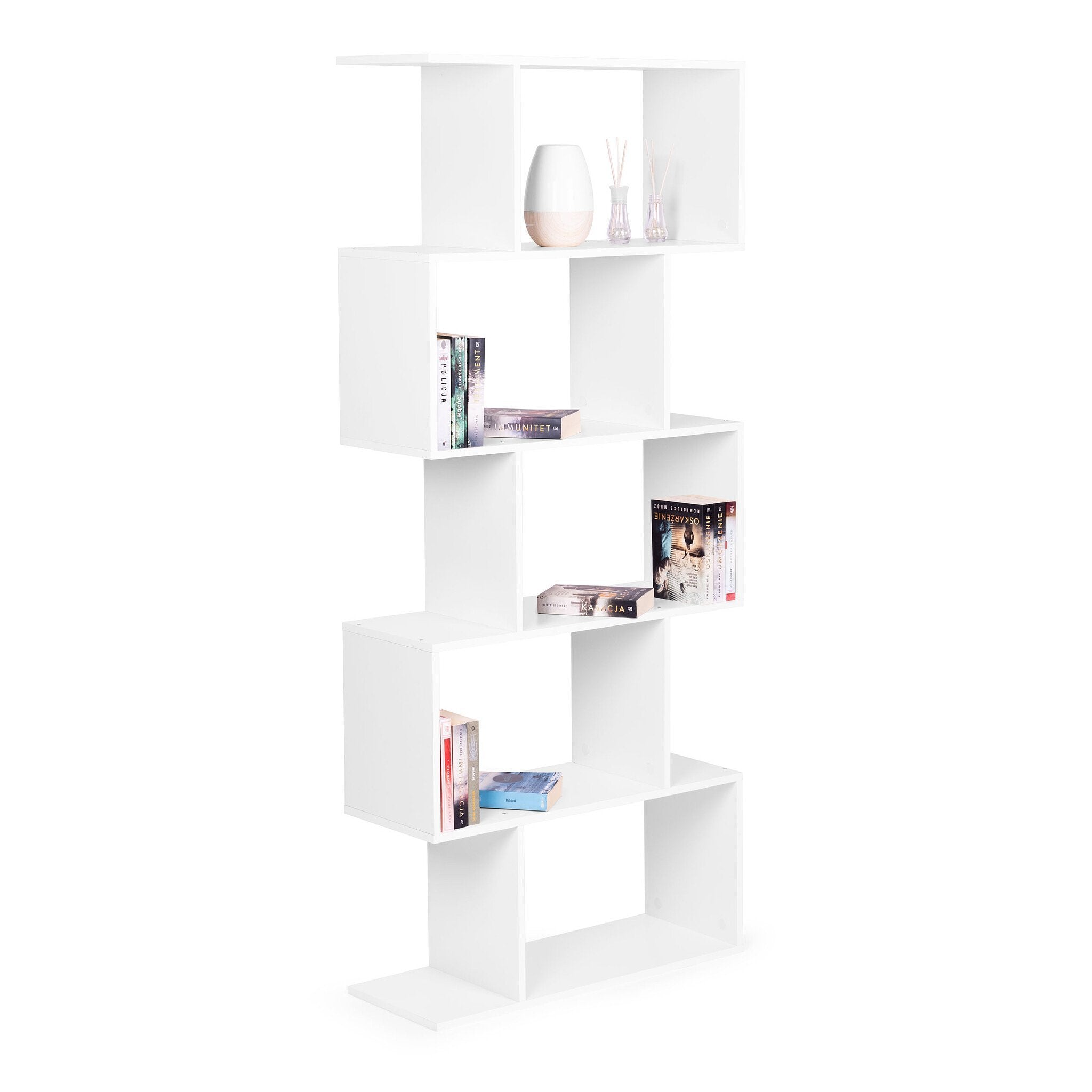 Witte design boekenkast - 5 planken - Geruit patroon - 175 x 28 x 77 cm