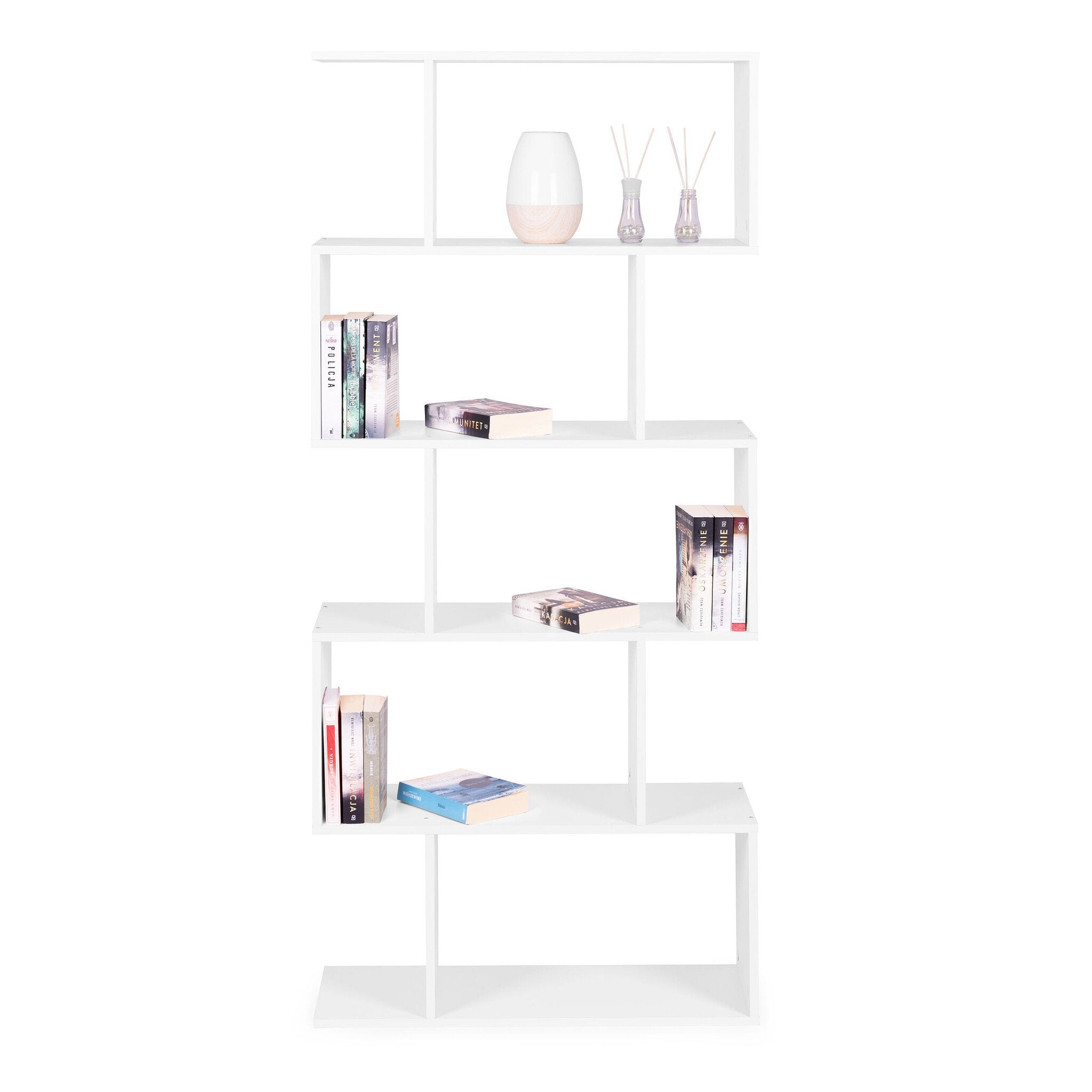 Witte design boekenkast - 5 planken - Geruit patroon - 175 x 28 x 77 cm