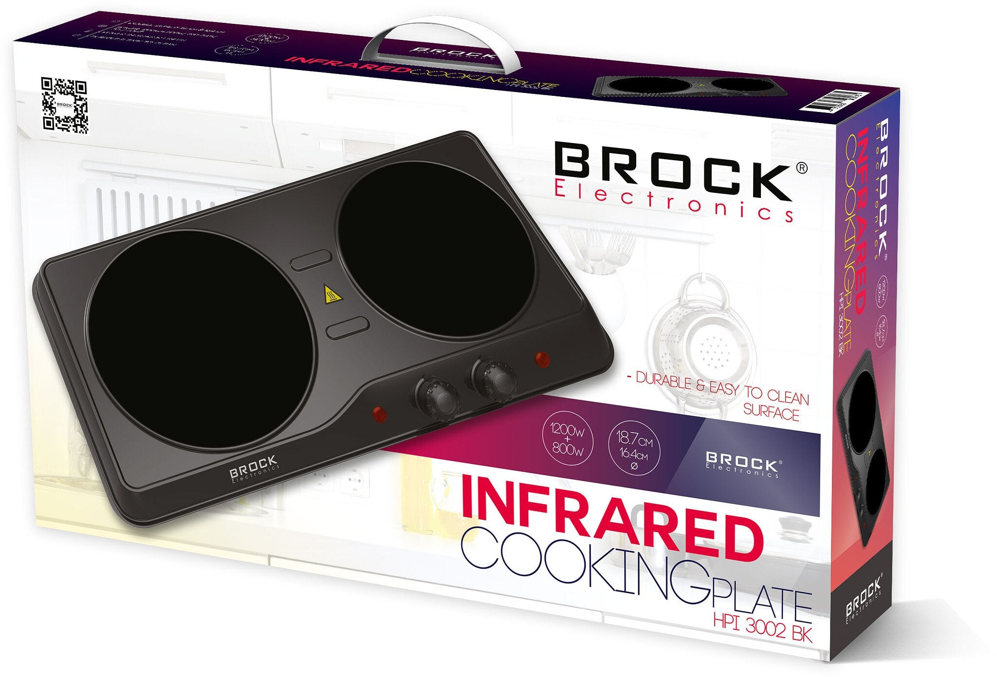 BROCK Electronics Infrarood Kookplaat HPI 3002 BK (1200W + 800W, Ø 18,7 cm + Ø 16,4 cm)