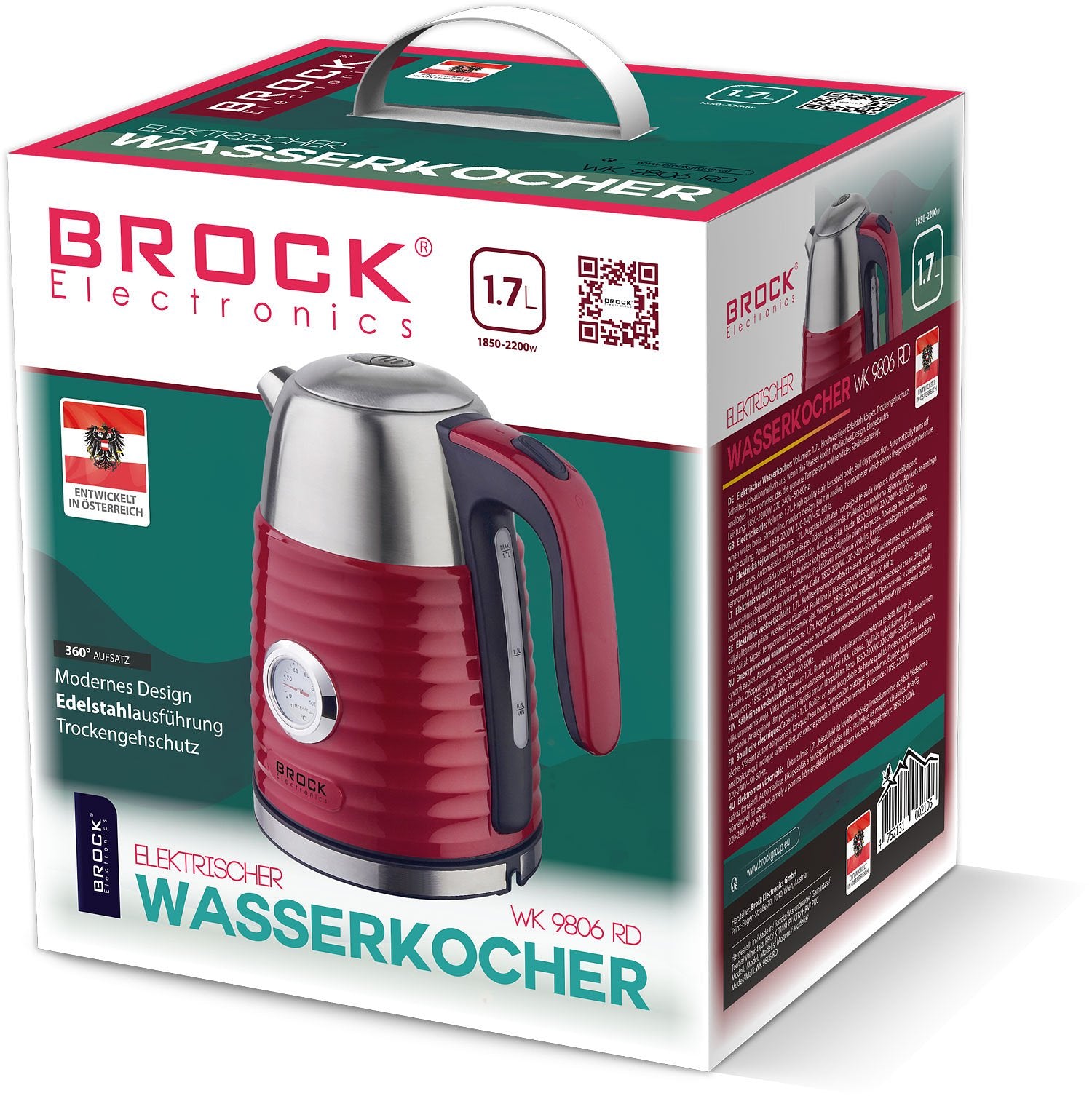 BROCK Electronics Waterkoker WK 9806 RD (Donkerrood, Thermometer, 1.7 liter)