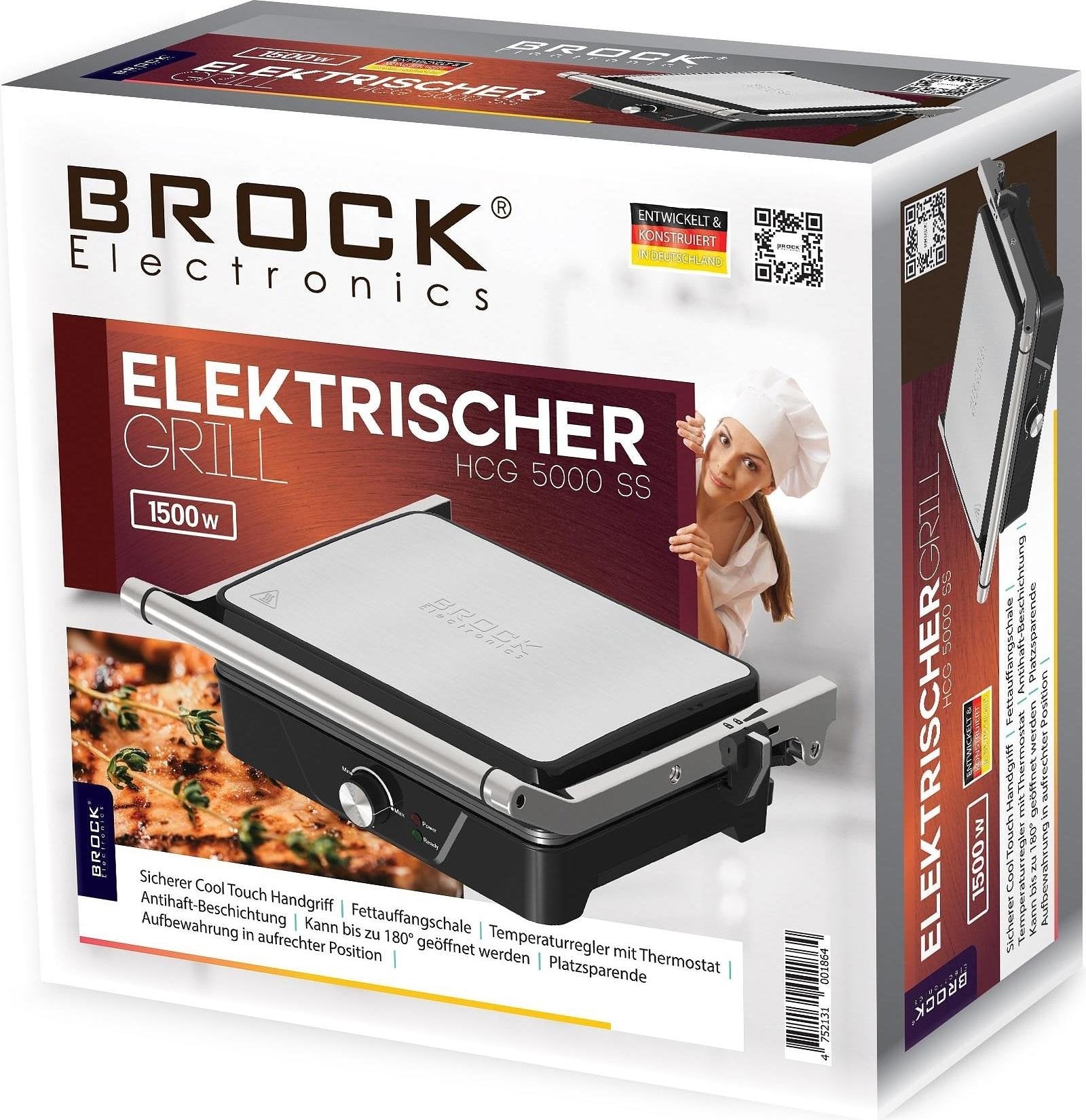 BROCK Electronics Contactgrill HCG 5000 SS (2000W, Anti-aanbaklaag, RVS)