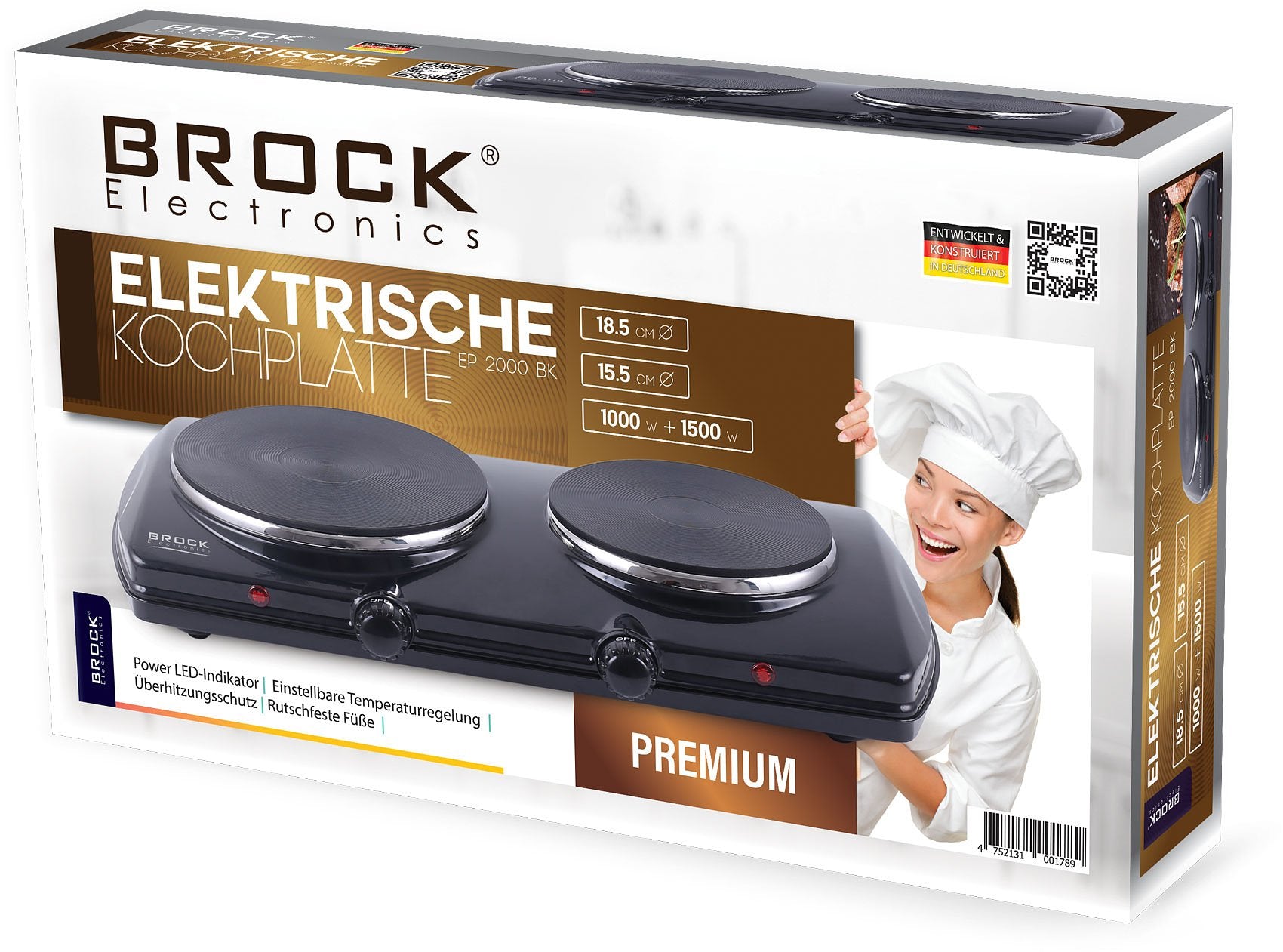 BROCK Electronics Elektrische Kookplaat EP 2000 BK (1500W + 1000W, Ø 18,5 cm + Ø 15,5 cm)