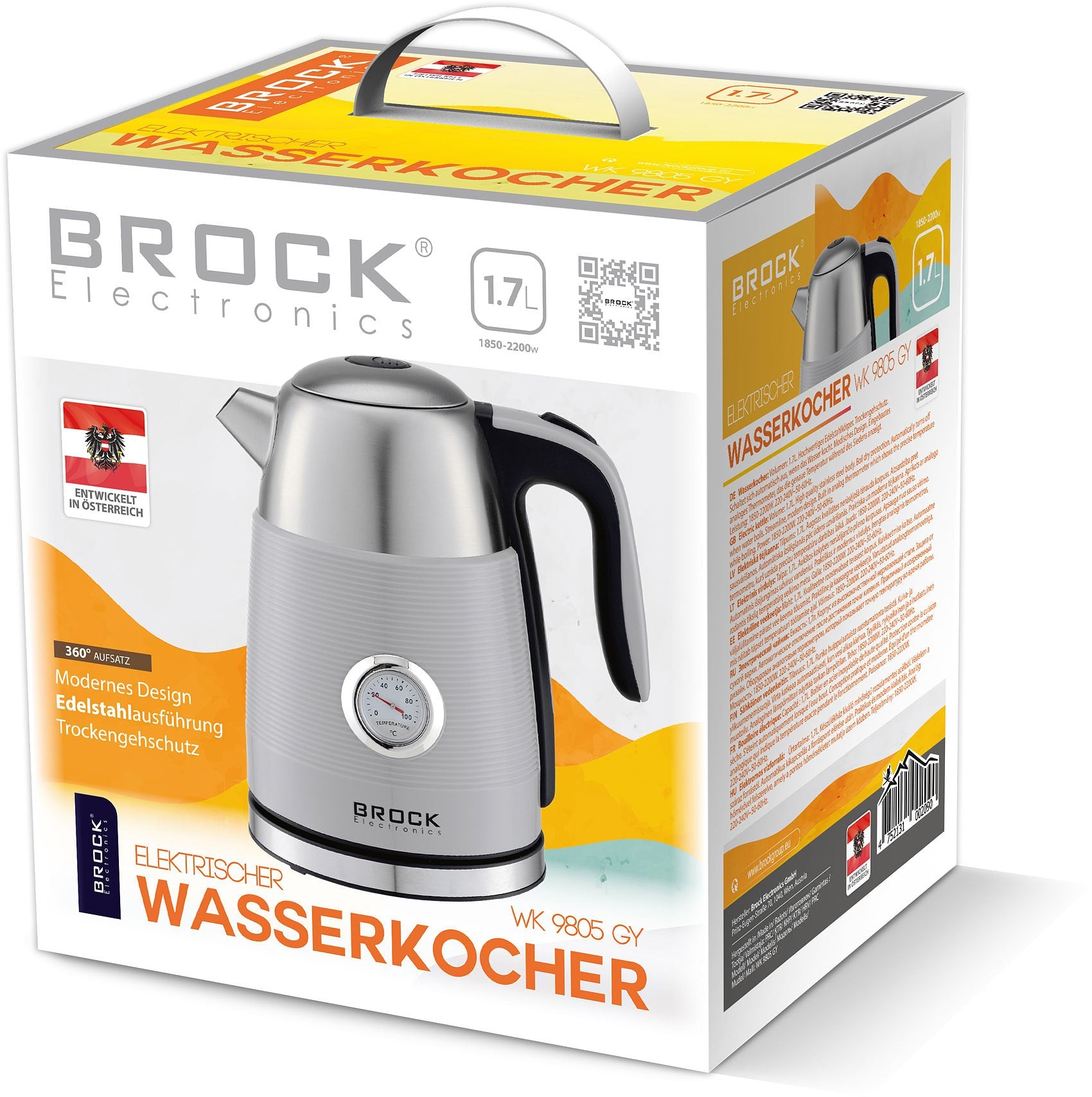 BROCK Electronics Waterkoker WK 9805 GY (Zilver, Thermometer, 1.7 liter)