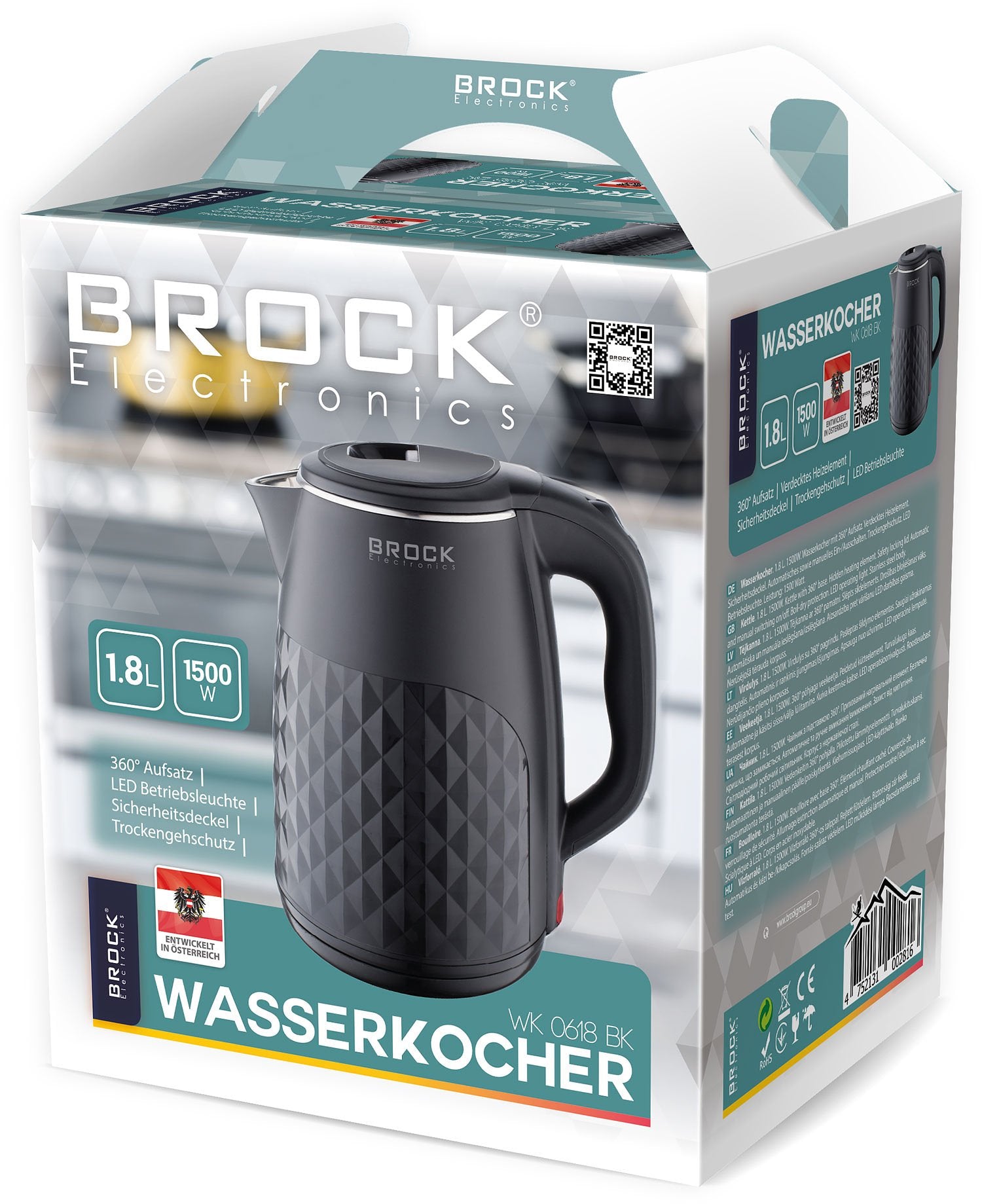 BROCK Electronics Waterkoker WK 0618 BK (1.8 liter, RVS binnenwand, Zwart)