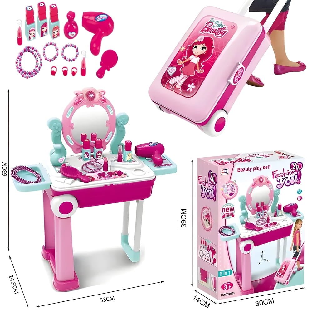 Speelgoed kaptafel met koffer - roze - draagbaar