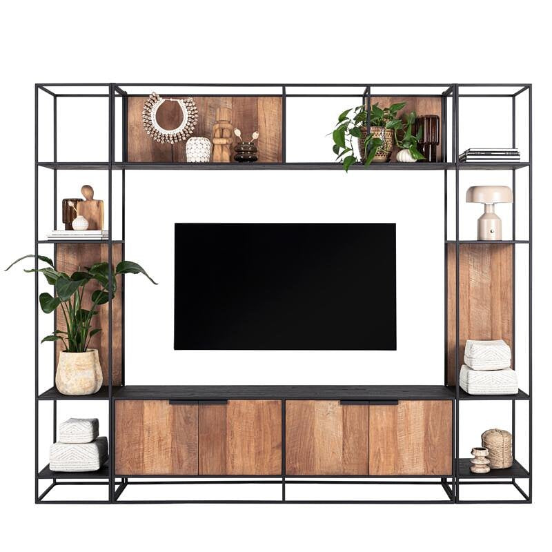 DTP Home TV wall element bookrack Cosmo small, open racks,220x40x40 cm, recycled teakwood