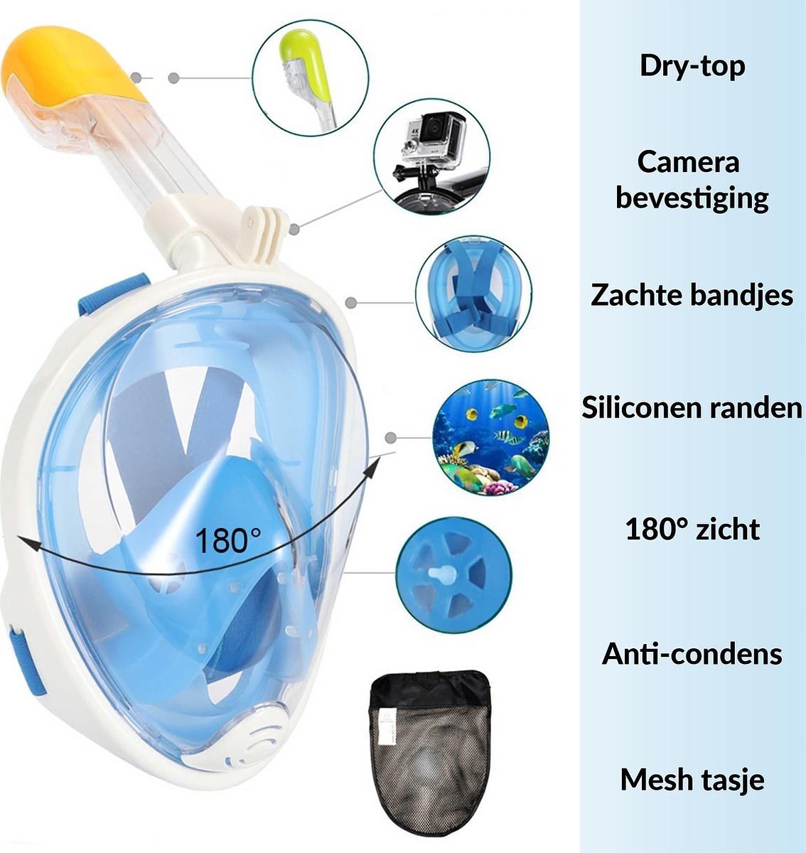 Full Face Mask met Snorkelmasker (Blauw, GoPro houder)