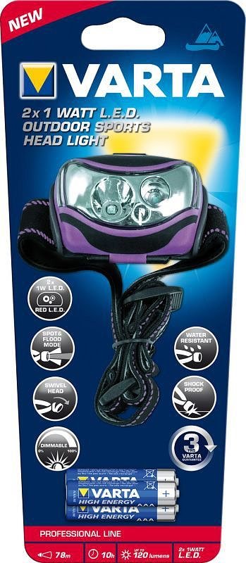 Varta Outdoor Sport 2 x LED Hoofdlamp - Lila