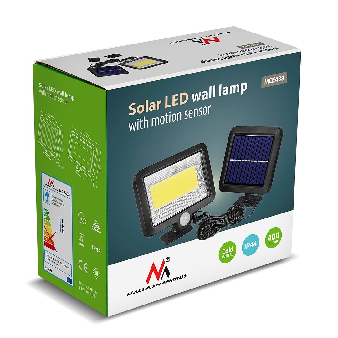 Solar LED schijnwerper met bewegingsmelder Maclean Energy IP44, 5W, 400lm, 6000K koud wit, lithiu...