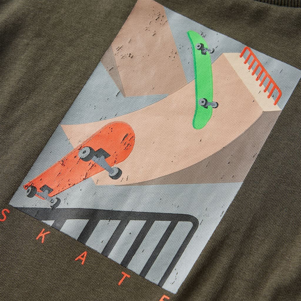 Kindershirt met lange mouwen skateboardprint 116 kakikleurig