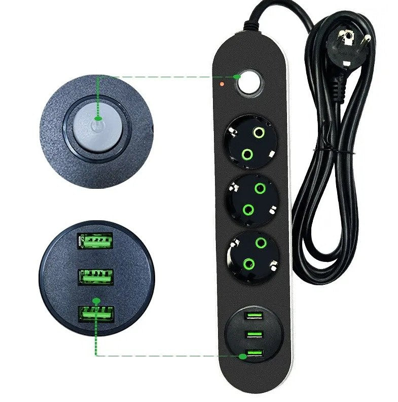 Verlengsnoer met Schakelaar-3 geaarde Stopcontacten-3 USB Oplaadpoorten-Reisadapter-Contactstekke...