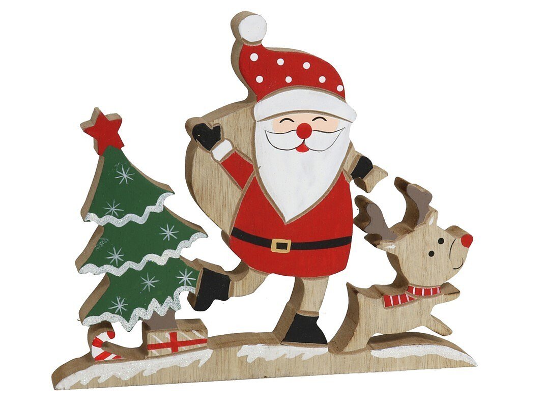 Kerst houten decoratie - Kerstboom met kerstman en rendier