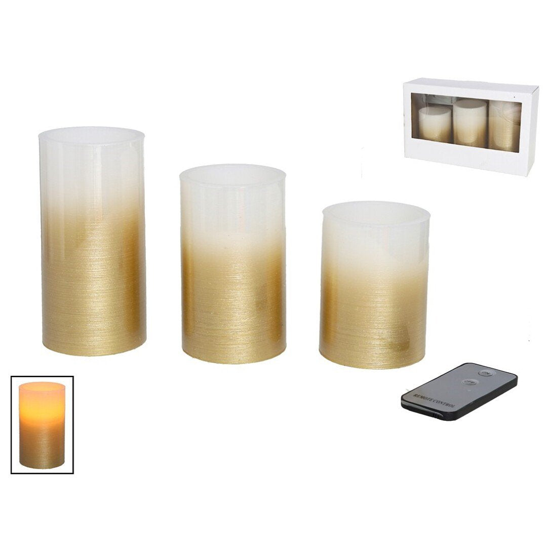 LED kaarsen/stompkaarsen met bewegende vlam en afstandsbediening - goudkleurig - set van 3