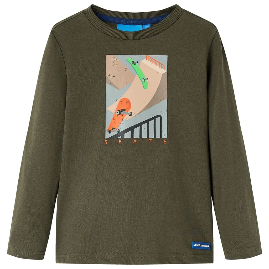 Kindershirt met lange mouwen skateboardprint 92 kakikleurig