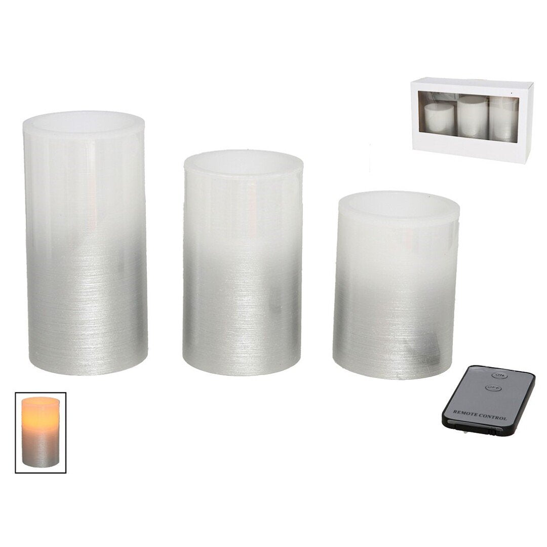 LED kaarsen/stompkaarsen met bewegende vlam en afstandsbediening - zilverkleurig - set van 3