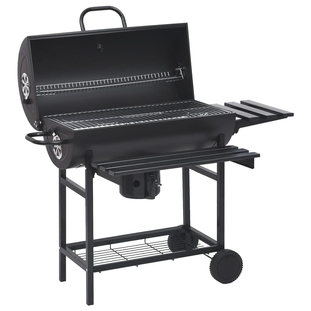 Barbecuevat met wielen en schappen 115x85x95 cm staal zwart