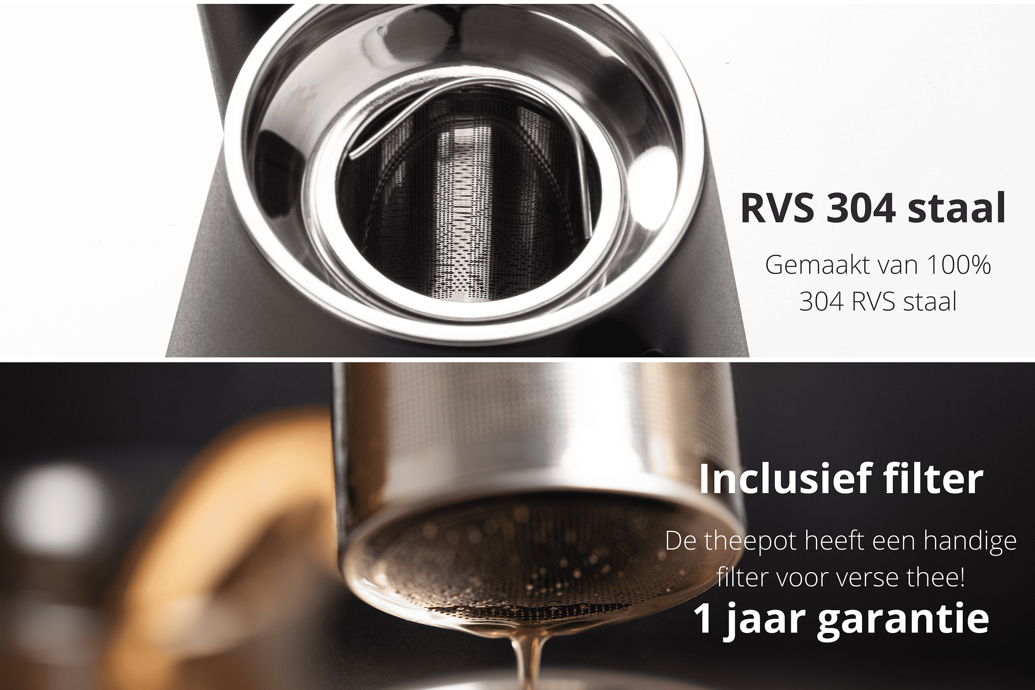VDN RVS Dubbelwandige theepot met Filter - Zwarte Theekan 1 Liter - 802