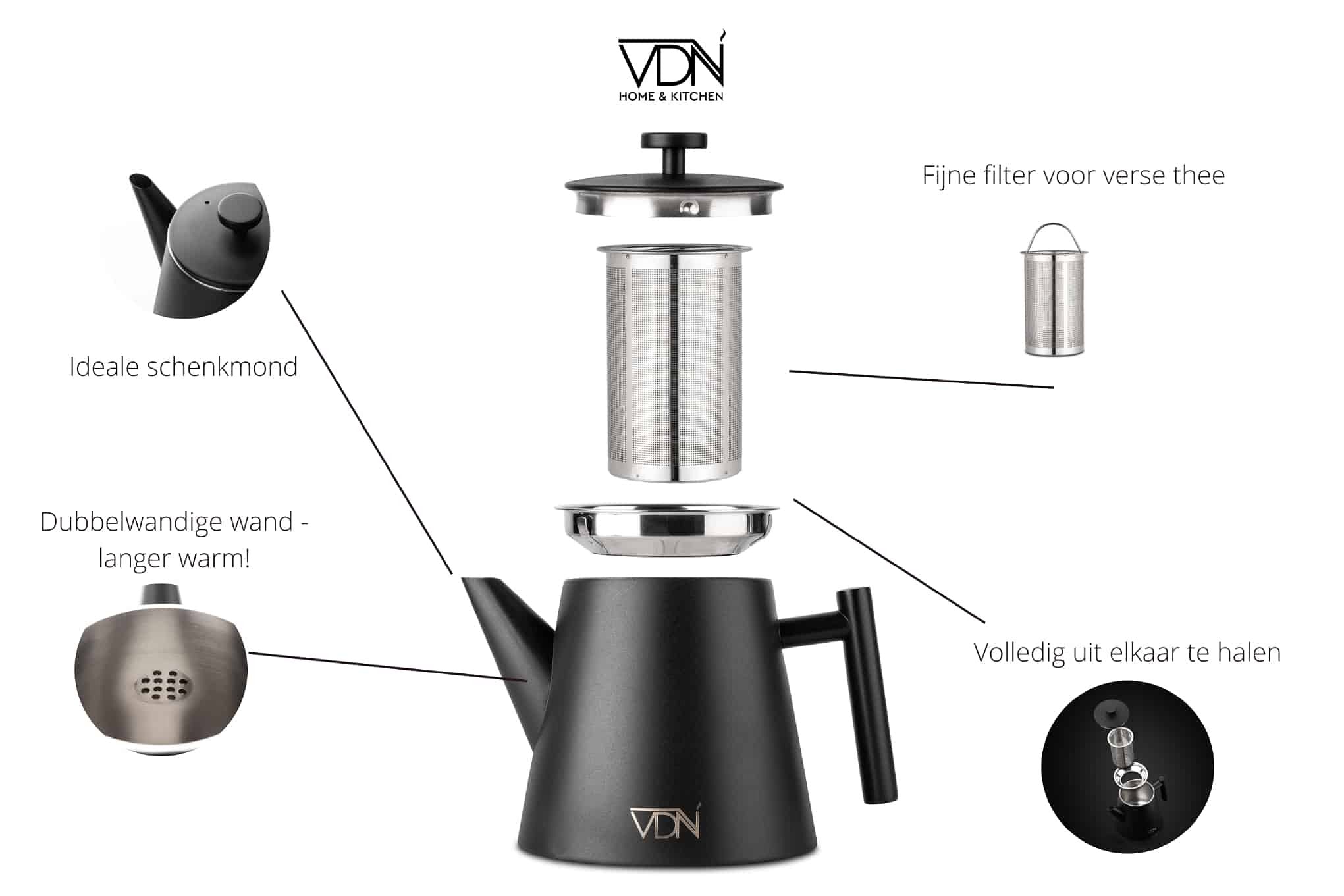 VDN RVS Theepot Dubbelwandig met Filter - Zwarte Theekan 1 Liter - 902