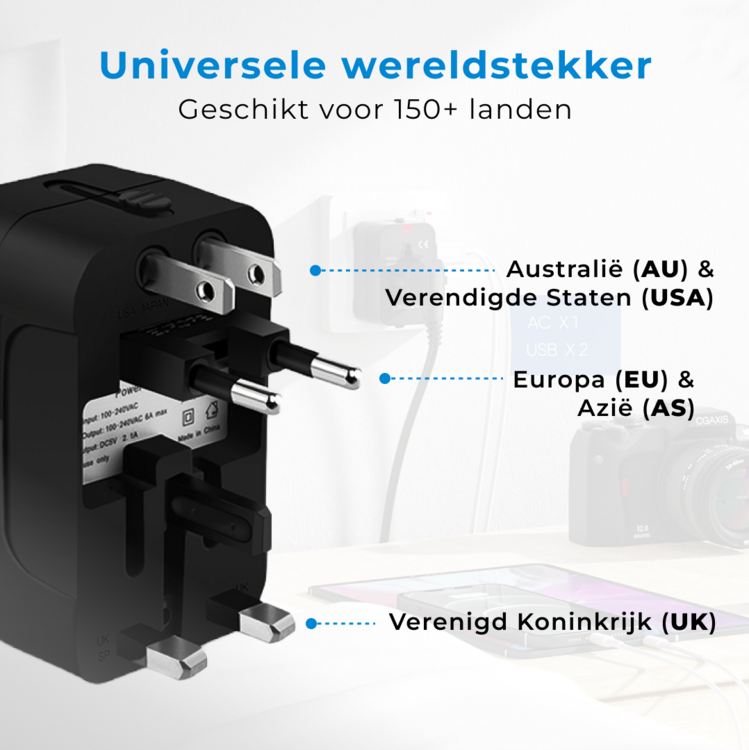 Voomy Travel plug World - 150+ Countries - 2 USB Ports - World plug