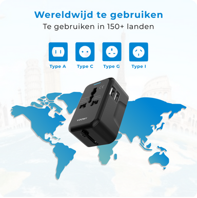 Voomy Travel plug World - 150+ Countries - 2 USB Ports - World plug