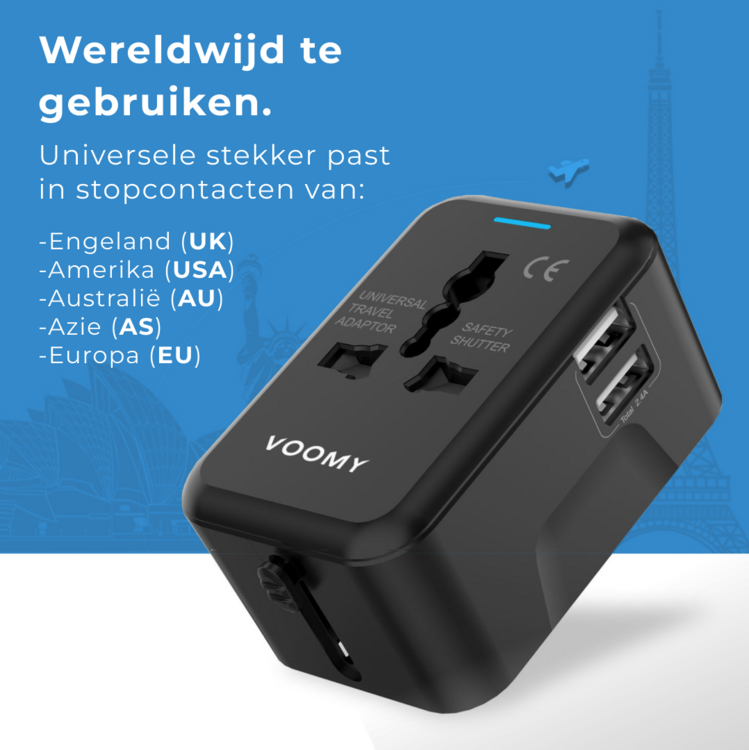 Voomy Travel plug World - 150+ Countries - 2 USB Ports - World plug
