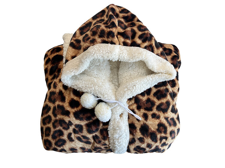 LINNICK Hoodie Flanel Fleece Deken Met Capuchon Leopard - bruin - 130x180cm