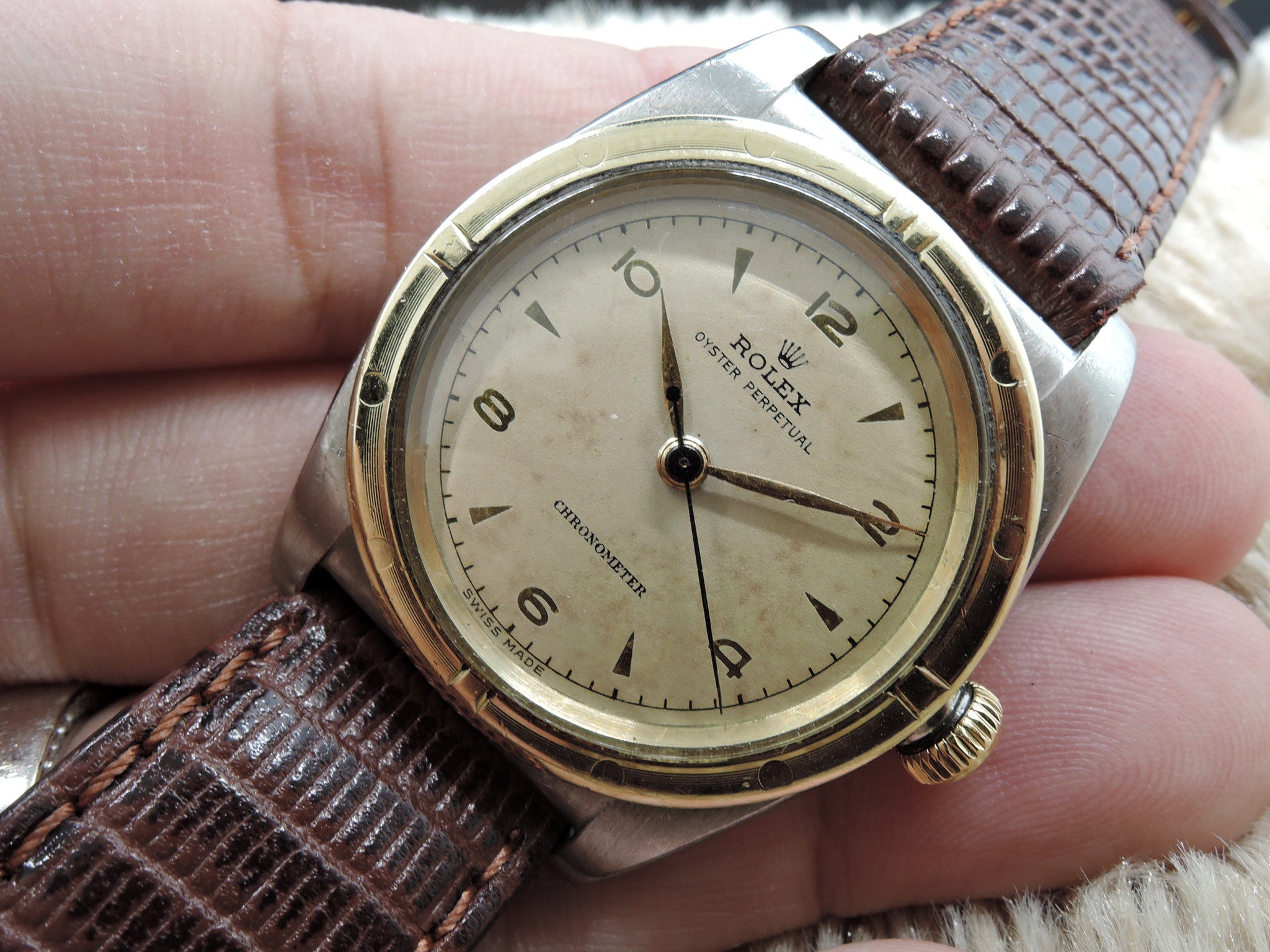 1947 Rolex BUBBLEBACK 2940 2-Tone with Tropical Gold Plated Arabic Dia ...