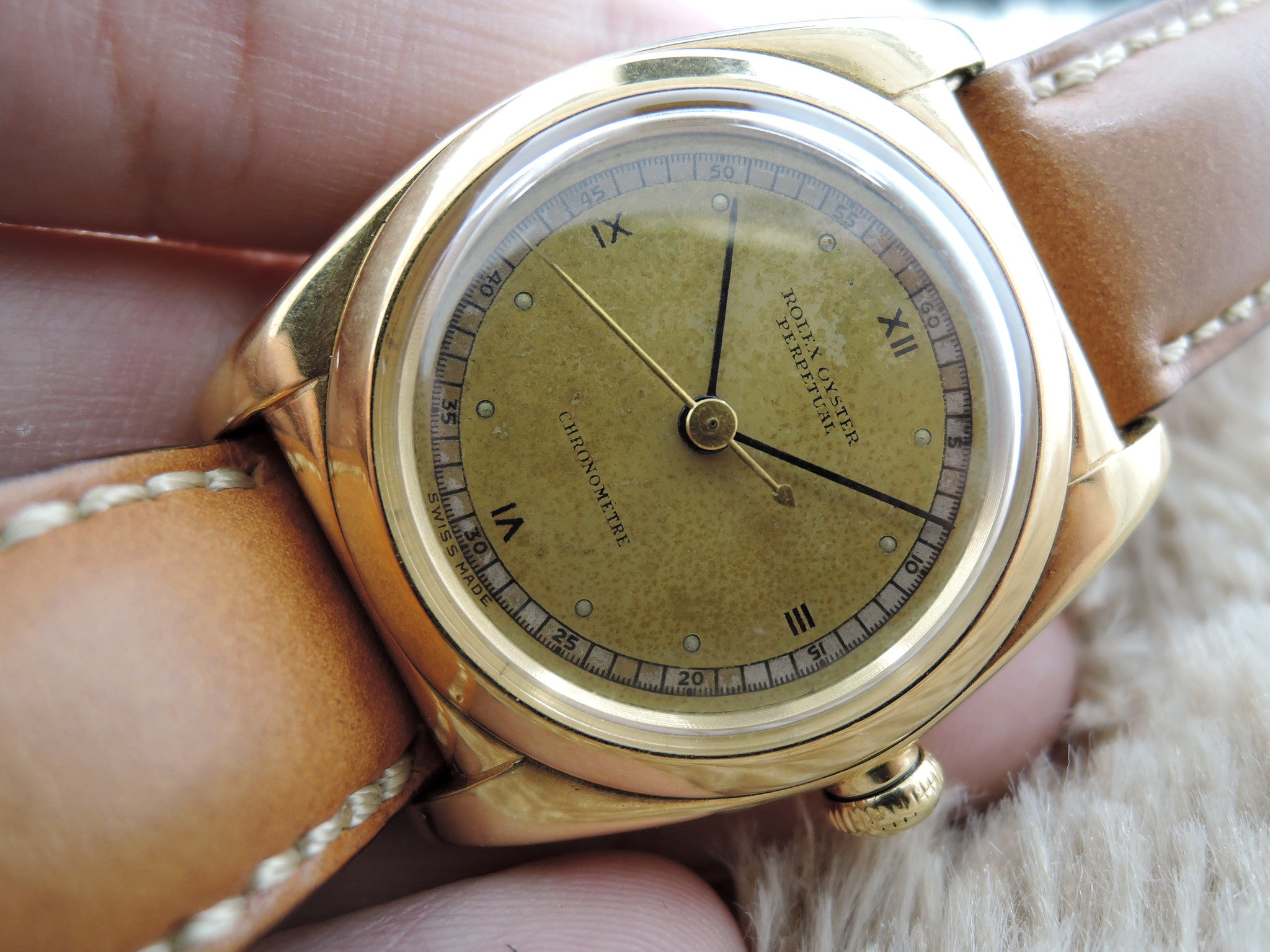 1938 Rolex BUBBLEBACK 3131 18K YG with Tropical 3 6 9 12 Roman Dial ...