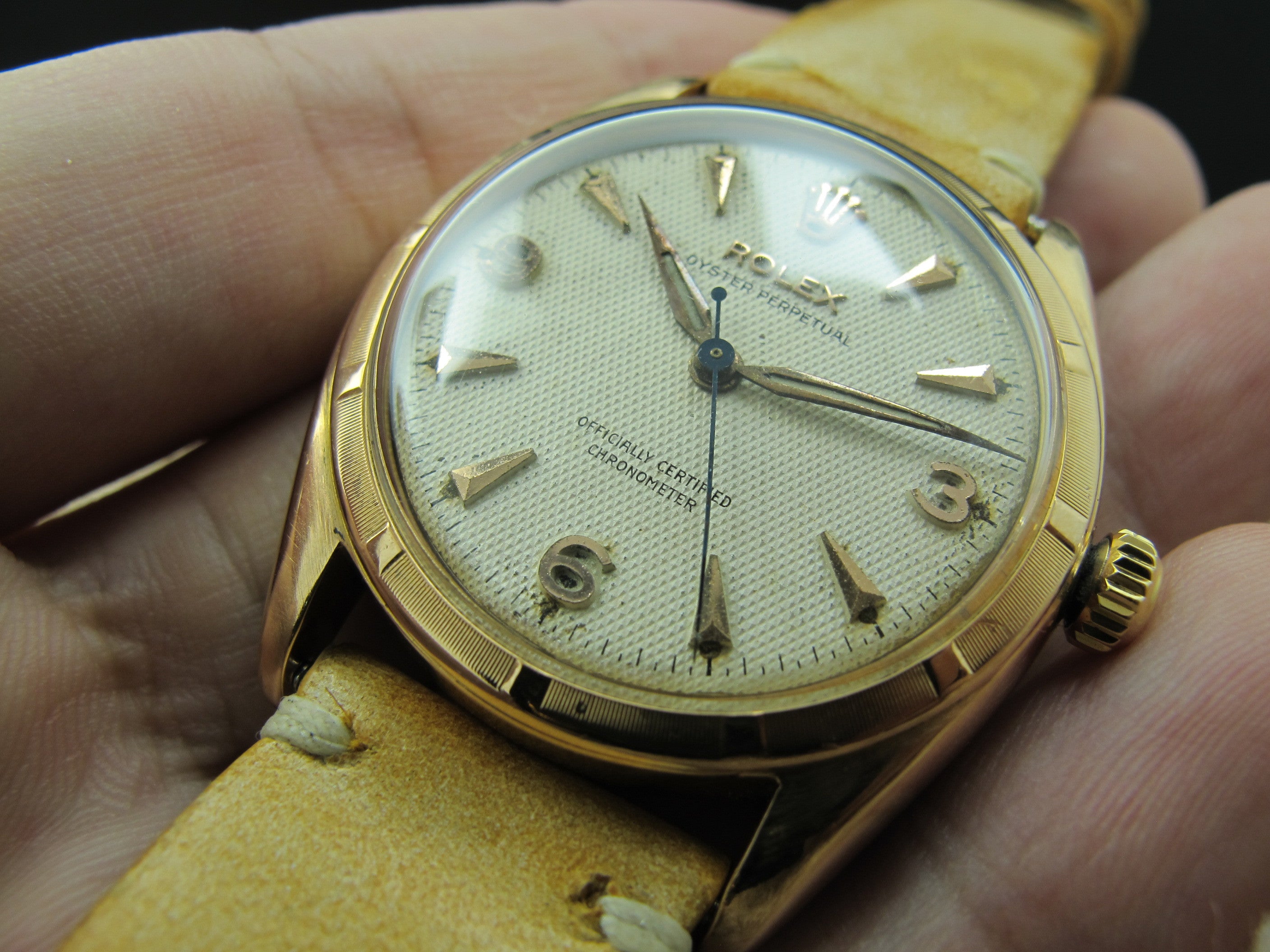 [1952] Rolex SEMI-BUBBLEBACK 6085 18K Rose Gold with Honeycomb Dial ...