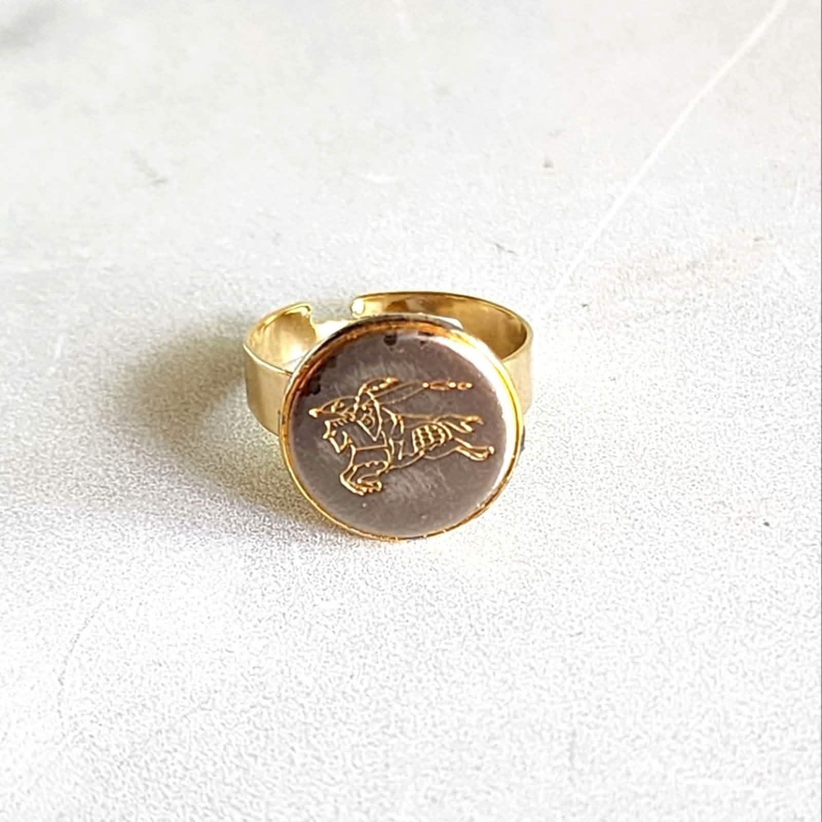 Two-Tone Vintage Burberry Designer Button on Adjustable Gold-Plated Ring Base