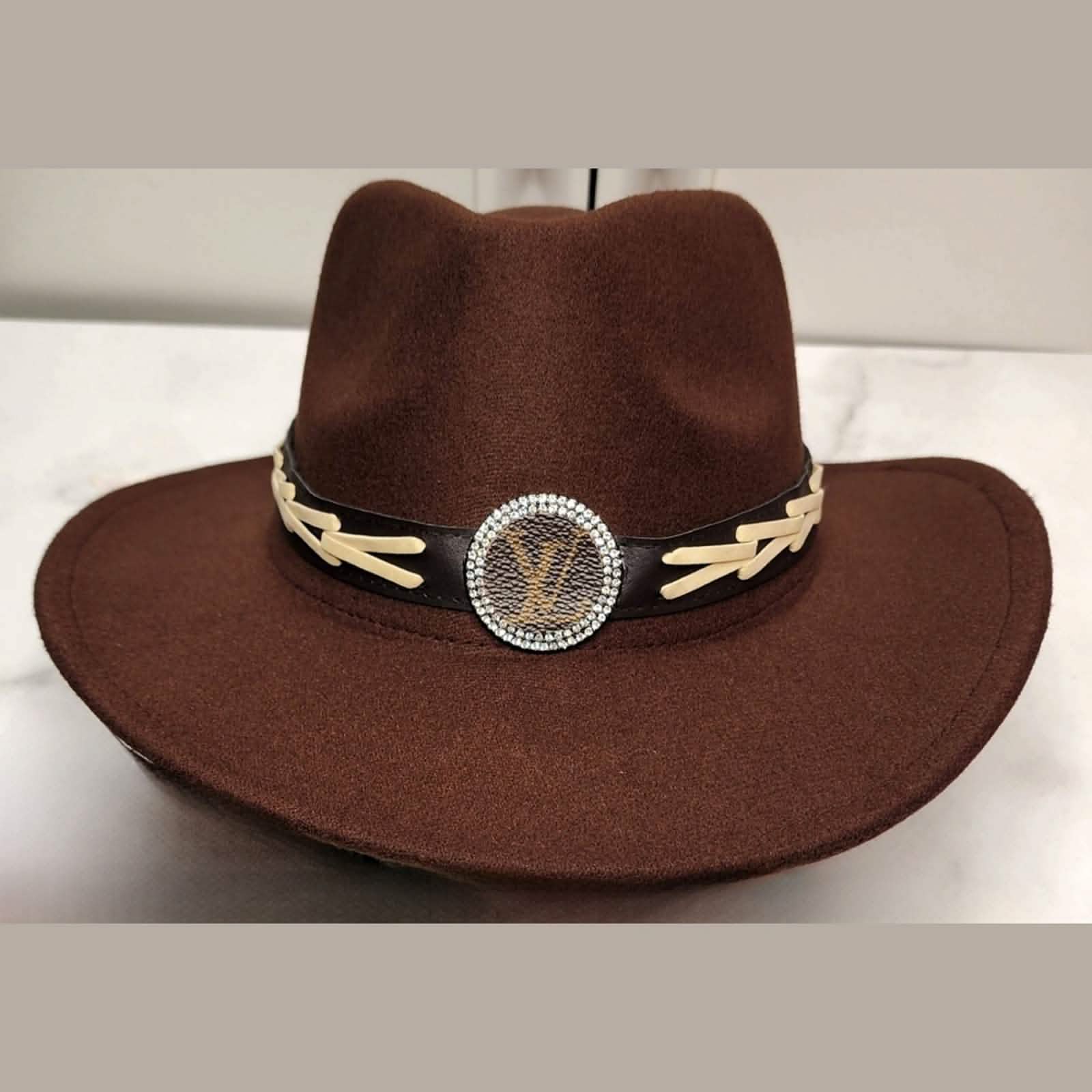 Brown Premium Felt Fedora Hat w/Removable Hat Band Adorned w/LV Canvas Medallion